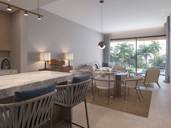 Kitchen, dining room and living room of the apartment of Marina Garden 2