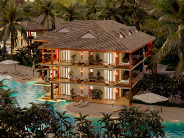 Exterior view right side pool night, Zafiro project by Blu Terrenas
