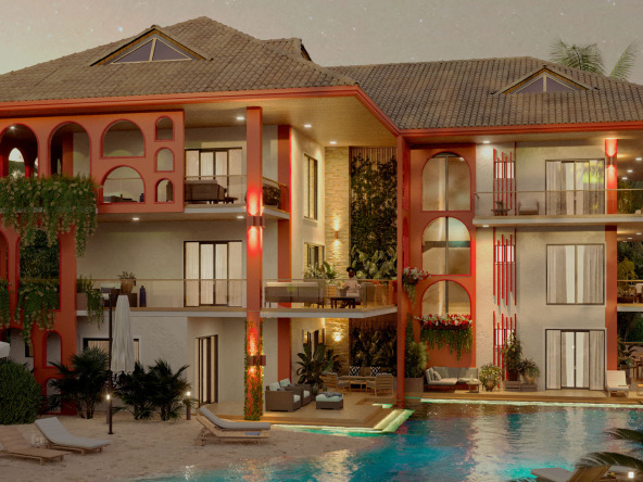 Exterior view right side pool night, Zafiro project by Blu Terrenas